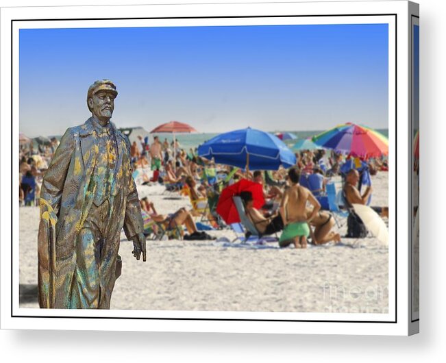 Umbrellas Acrylic Print featuring the photograph Lenin goes to the Beach White border by Larry Mulvehill