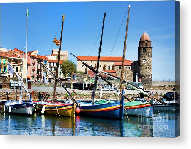 France Acrylic Print featuring the photograph Lighthouse Boats Sea Collioure France by Chuck Kuhn