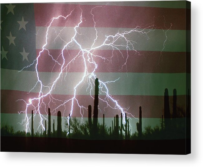 Americano Acrylic Print featuring the photograph Lightning Storm in the USA Desert Flag Background by James BO Insogna