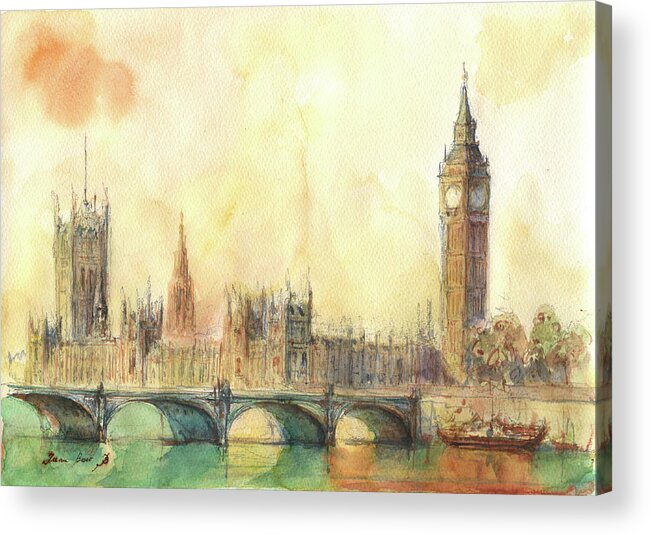 London Big Ben Acrylic Print featuring the painting London Big Ben and Thames river by Juan Bosco