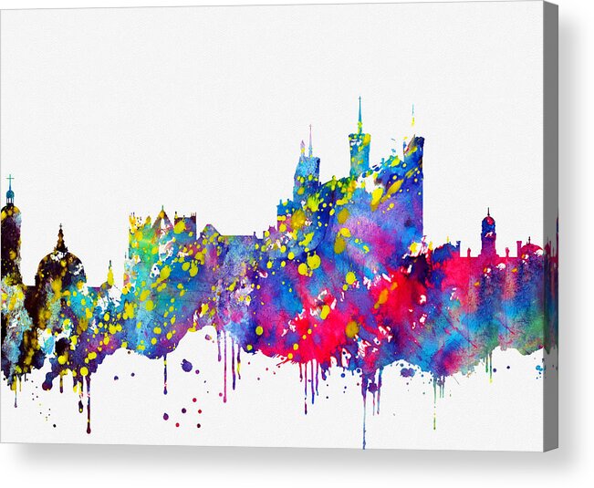 Lyon Acrylic Print featuring the digital art Lyon Skyline-colorful by Erzebet S