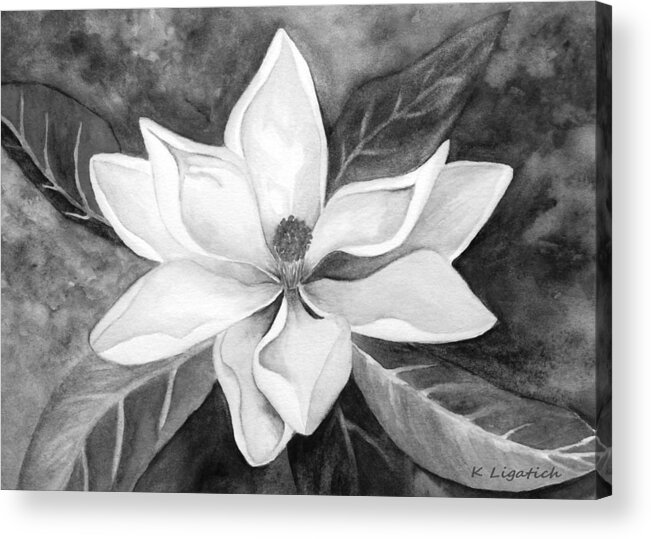 Magnolia Acrylic Print featuring the digital art Magnolia in Black and White by Kerri Ligatich