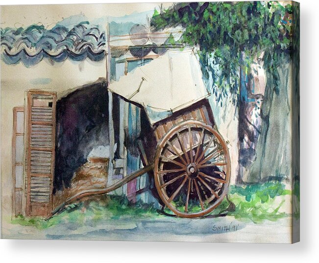 Cart Buildings Farmhouse Acrylic Print featuring the painting Majorcan outbuildings by Tom Smith