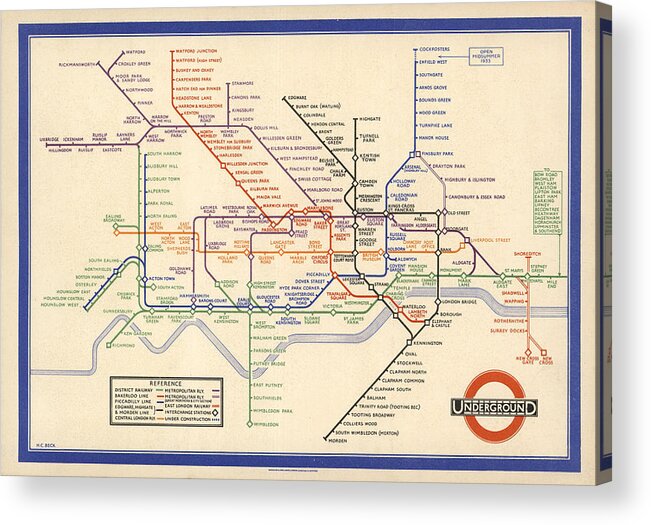 Map Of The London Underground Acrylic Print featuring the drawing Map of the London Underground - London Metro - 1933 - Historical Map by Studio Grafiikka