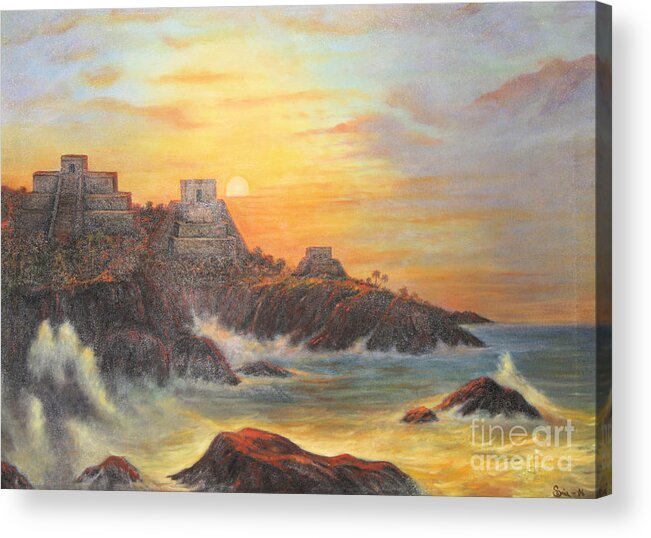 Mexican Art Acrylic Print featuring the painting Mayan Sunset by Sonia Flores Ruiz