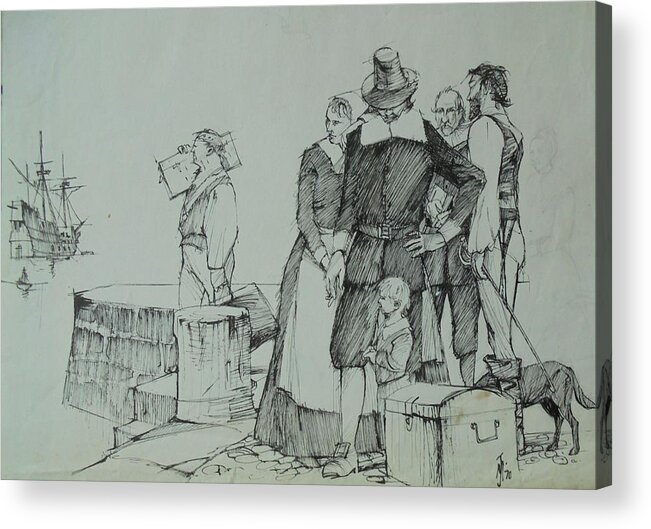 Drawing Acrylic Print featuring the drawing Mayflower departure. by Mike Jeffries