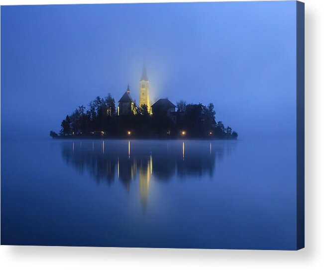 Slovenia Acrylic Print featuring the photograph Misty morning Lake Bled Slovenia by Tom and Pat Cory