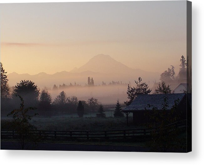 Mt. Rainier Acrylic Print featuring the photograph Misty Mt. Rainier Sunrise by Shirley Heyn