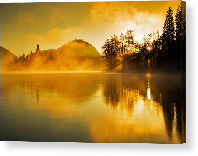 Bled Acrylic Print featuring the photograph Misty sunrise at Lake Bled by Ian Middleton