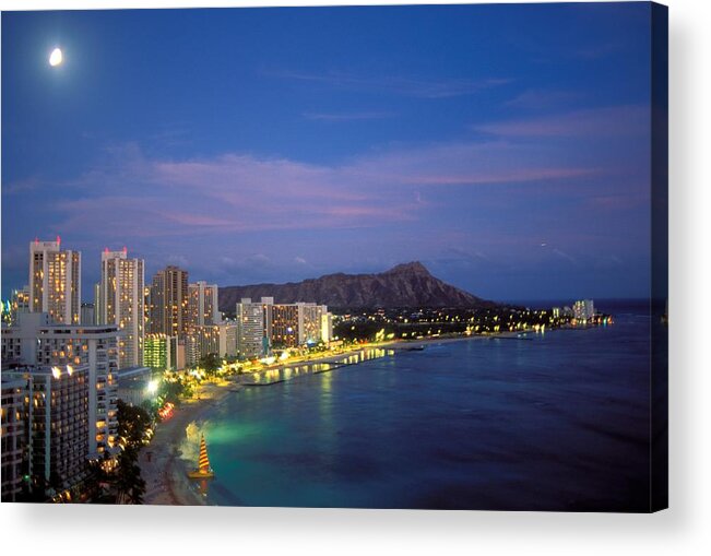 Beach Acrylic Print featuring the photograph Moon Over Waikiki by William Waterfall - Printscapes
