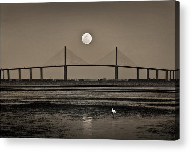 Moon Acrylic Print featuring the photograph Moonrise Over Skyway Bridge by Steven Sparks