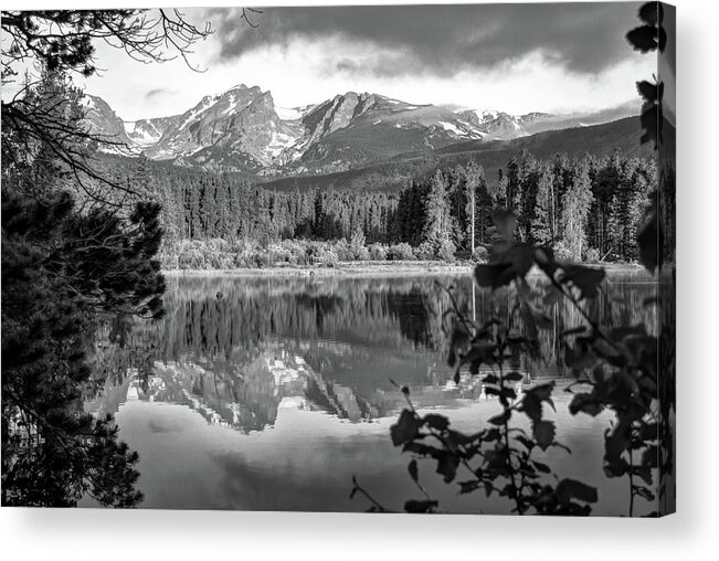 America Acrylic Print featuring the photograph Morning on Sprague Lake - Rocky Mountain National Park - Black and White by Gregory Ballos