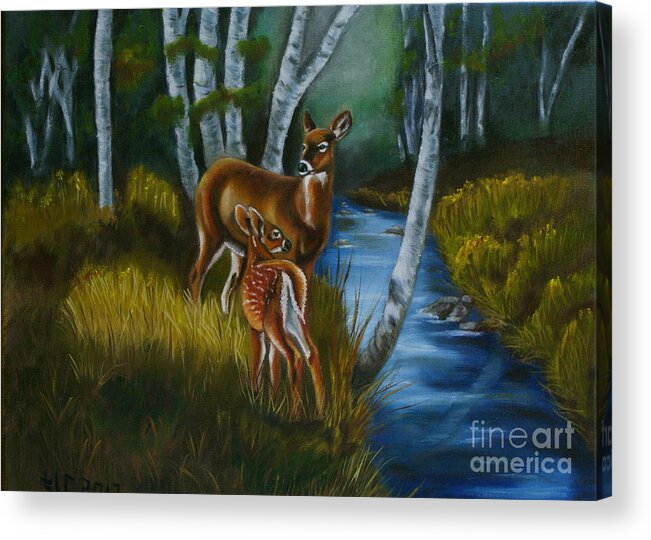 Doe Acrylic Print featuring the painting Mother and baby by Theresa Cangelosi