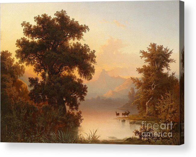 Franz Emil Krause (1836-1900 ) Mountain Lake In The Evening Light. Forest Acrylic Print featuring the painting Mountain Lake in the Evening Light by MotionAge Designs