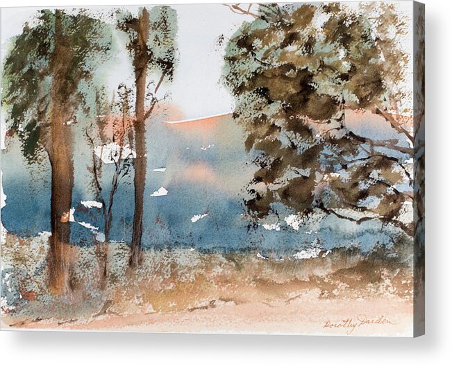 Mt Field National Park Acrylic Print featuring the painting Mt Field Gum Tree Silhouettes against Salmon coloured Mountains by Dorothy Darden