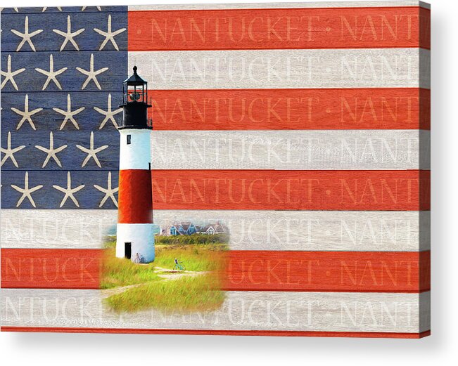 Nantucket Acrylic Print featuring the digital art Nantucket Flag with Sankaty Lighthouse by Barry Wills
