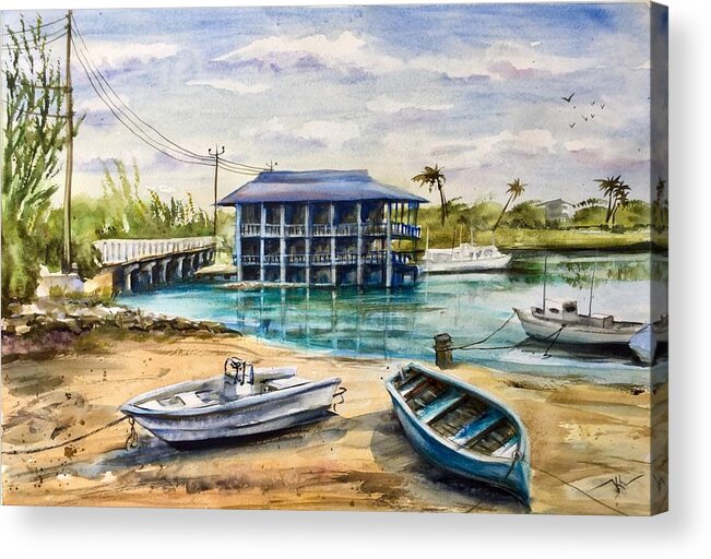 Boats Acrylic Print featuring the painting Near Arawak Cay by Katerina Kovatcheva