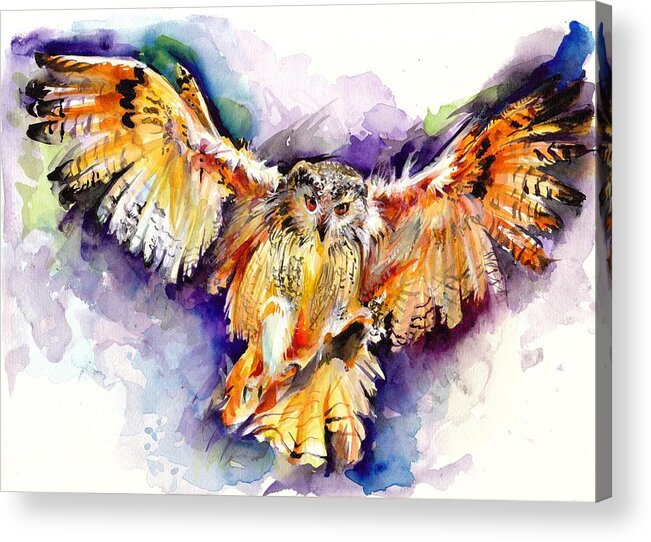 Owl Acrylic Print featuring the painting Night Owl Watercolor, Hunting Owl, Flying Brown Owl by Tiberiu Soos