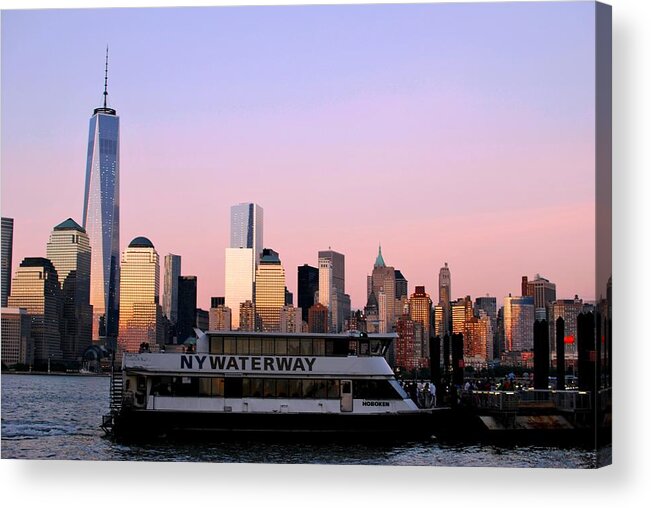 City Acrylic Print featuring the photograph NYC Skyline with Boat at Pier by Matt Quest