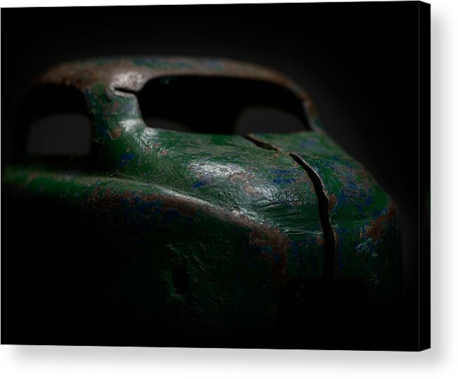 Old Toy Acrylic Print featuring the photograph Old Green Coupe Toy Car by Art Whitton