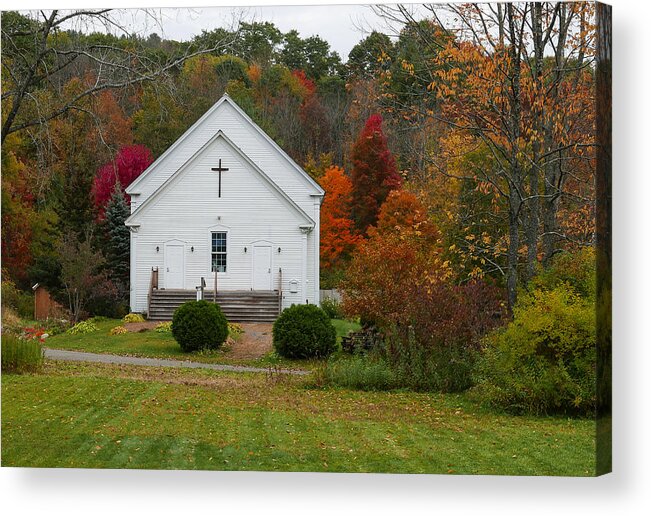 New England Church Acrylic Print featuring the photograph Old New England Church in Colorful Fall Foliage by Robert Bellomy
