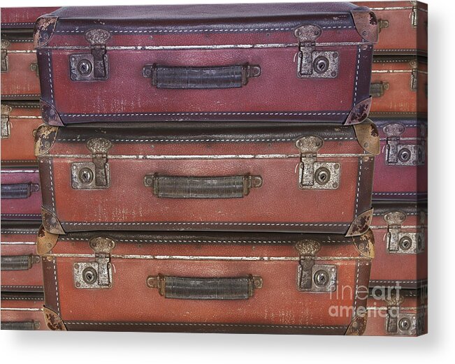 Evacuation Acrylic Print featuring the photograph Old worn travel suitcases - travel, migration, evacuation by Michal Boubin