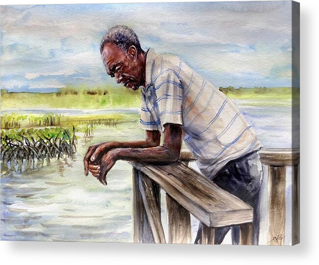 Man Acrylic Print featuring the painting On the dock by Katerina Kovatcheva