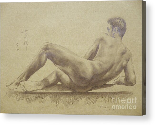 Original Art Acrylic Print featuring the drawing Original Drawing Male Nude Pencil On Paper #16-6-1 by Hongtao Huang