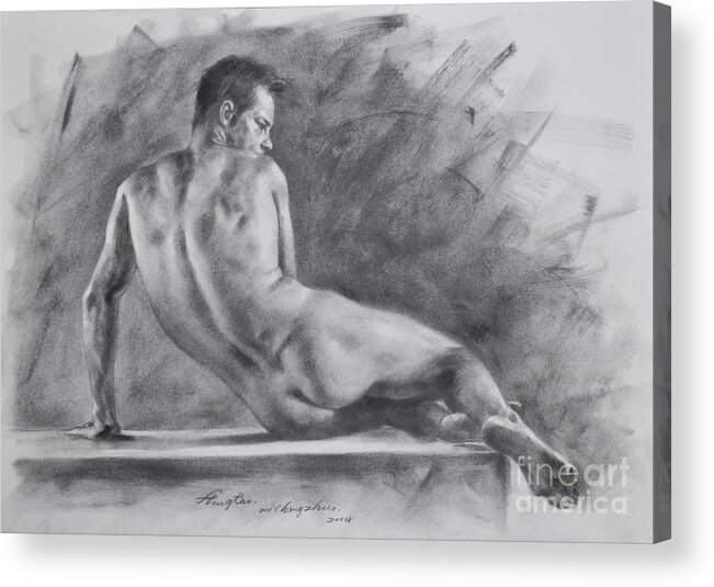 Original Art Acrylic Print featuring the painting Original Drawing Sketch Charcoal Male Nude Gay Interest Man Art Pencil On Paper -0038 by Hongtao Huang