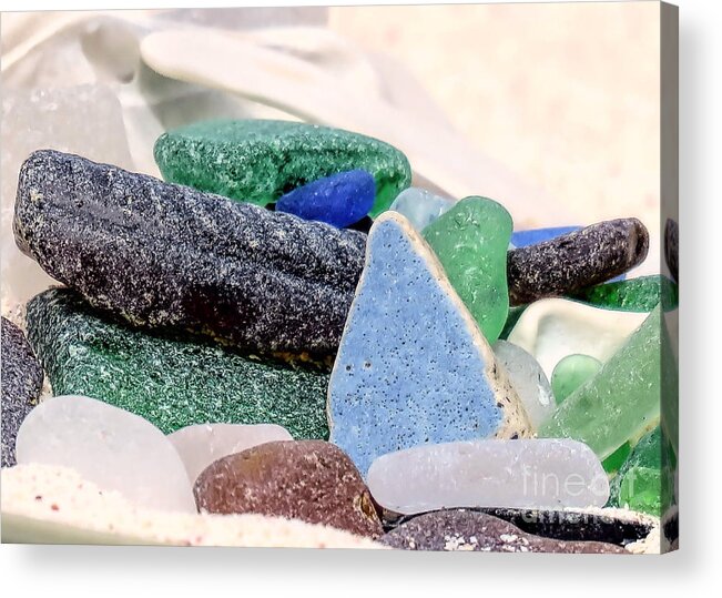 Sea Glass Acrylic Print featuring the photograph Painted Rock Amongst Sea Glass by Janice Drew