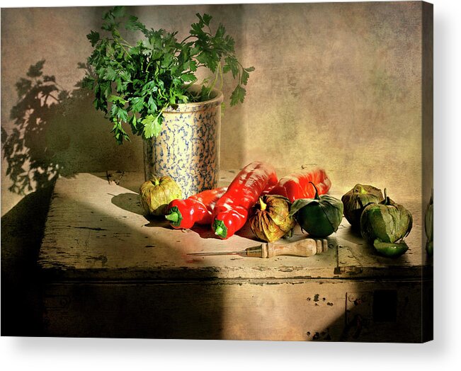 Country Side Board Acrylic Print featuring the photograph Parsley and Peppers by Diana Angstadt