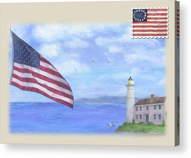 Patriotic Illustration Acrylic Print featuring the painting Patriotic Illustrated Lighthouse by Judith Cheng