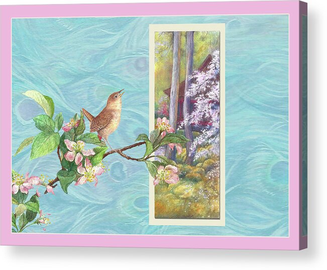 Illustrated Songbird Acrylic Print featuring the painting Peacock and Cherry Blossom with wren by Judith Cheng