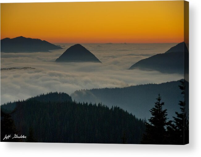 Beauty In Nature Acrylic Print featuring the photograph Peaks Above the Fog at Sunset by Jeff Goulden