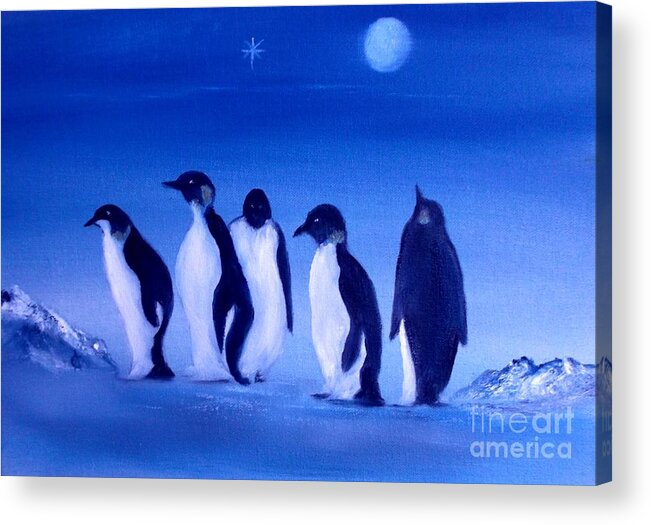 Penguins Acrylic Print featuring the painting Penguins on a Night Out.Sold by Cynthia Adams