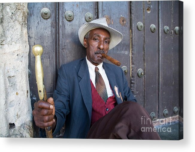 Addicted Acrylic Print featuring the photograph Portrait of a man wearing a 1930s-style suit and smoking a cigar in Havana by Sami Sarkis