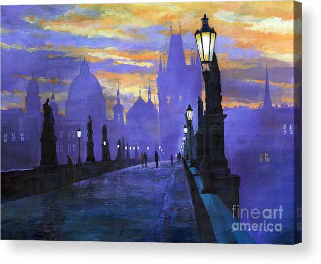 Acrilic On Canvas Acrylic Print featuring the painting Prague Charles Bridge Sunrise by Yuriy Shevchuk