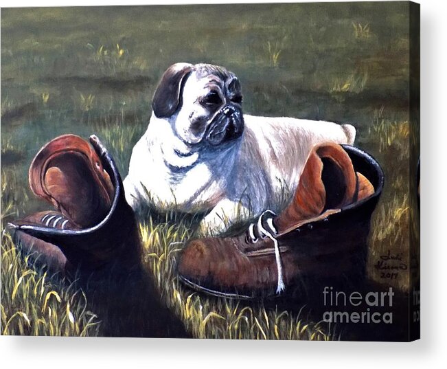 Pug Acrylic Print featuring the painting Pug and Boots by Judy Kirouac