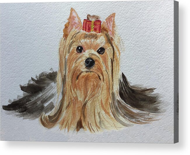Yorkie Acrylic Print featuring the painting Put A Bow On It by Sonja Jones