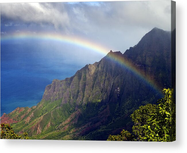 Rainbows Acrylic Print featuring the photograph Rainbow Along the Na Pali Coast Kauai Hawaii from the Kalalau Lookout by Brendan Reals
