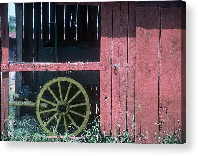 Amish Acrylic Print featuring the pyrography Red Barn and Wagon Wheel by DArcy Evans