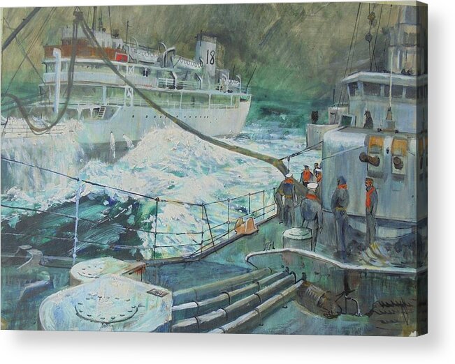 Sea Acrylic Print featuring the painting Refuelling at sea. by Mike Jeffries