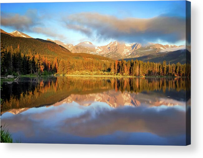 America Acrylic Print featuring the photograph Rocky Mountain Morning Landscape Reflections on Sprague Lake by Gregory Ballos
