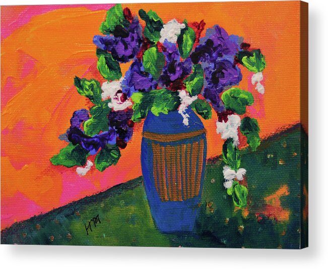 Floral Contemporary Painting Acrylic Print featuring the painting Romantic Purple flowers in blue vase by Haleh Mahbod