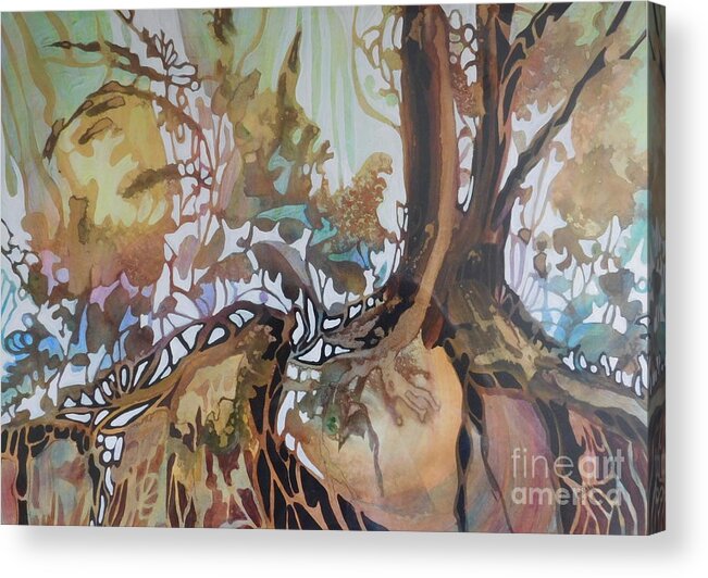Layers Of Transparent Acrylic And Watercolor Paints In All The Colors Of The Rainbow Were Used To Create This Woodland Fantasy Land. Actual Painting Size Is Approximately 10 X 14 And Is Matted To Fit An 16 X 20 Frame. Acrylic Print featuring the painting Roots and Wings by Joan Clear