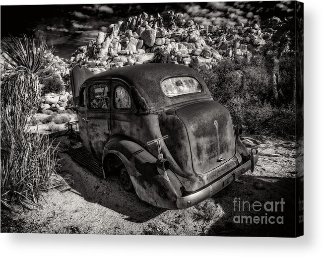 Barker Dam Acrylic Print featuring the photograph Rust Bucket BW by Sandra Selle Rodriguez