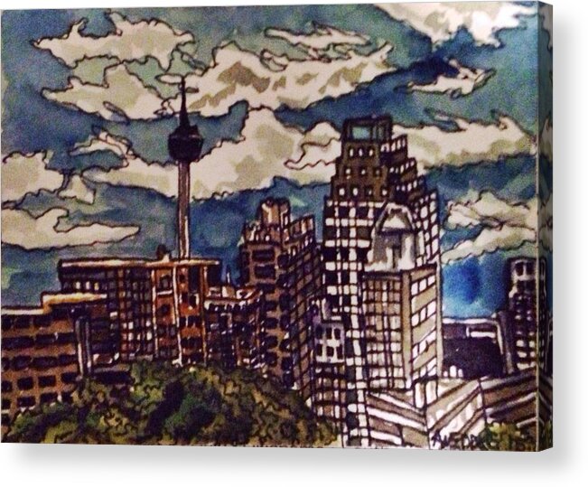 Cityscape Acrylic Print featuring the painting San Antonio Skyline by Angela Weddle
