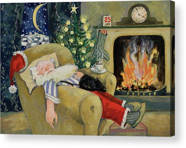 Fireplace Acrylic Print featuring the painting Santa sleeping by the fire by David Cooke