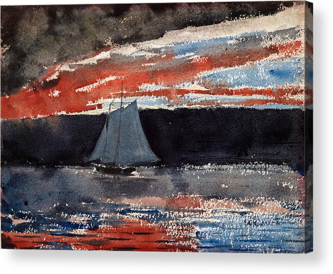 Winslow Homer Acrylic Print featuring the drawing Schooner at Sunset by Winslow Homer