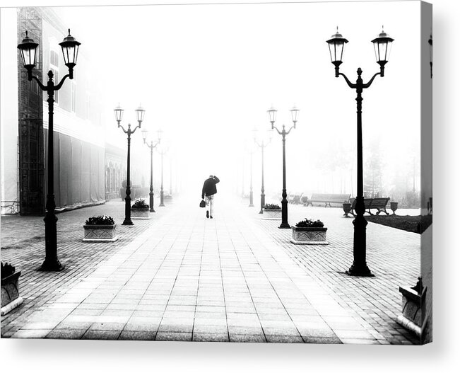 Man Walking Fog Acrylic Print featuring the photograph Scratched Head in the Fog by John Williams